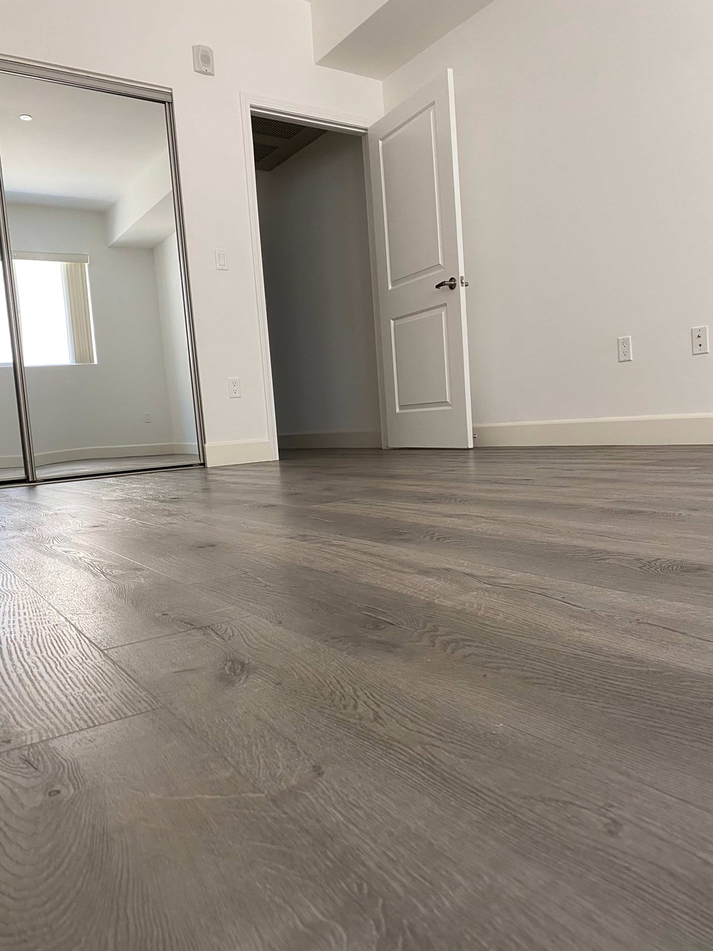 A room with a wooden floor and a white door.
