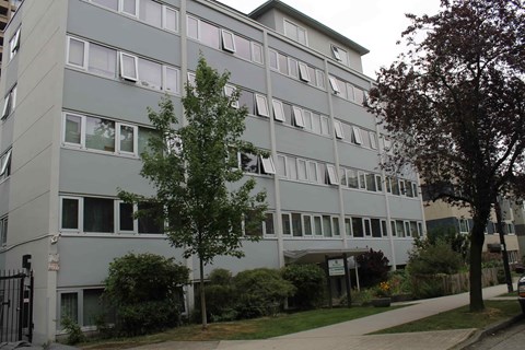 A grey building with a tree in front of it.