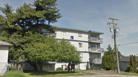 A large white building with a green roof and a balcony is surrounded by trees and houses.