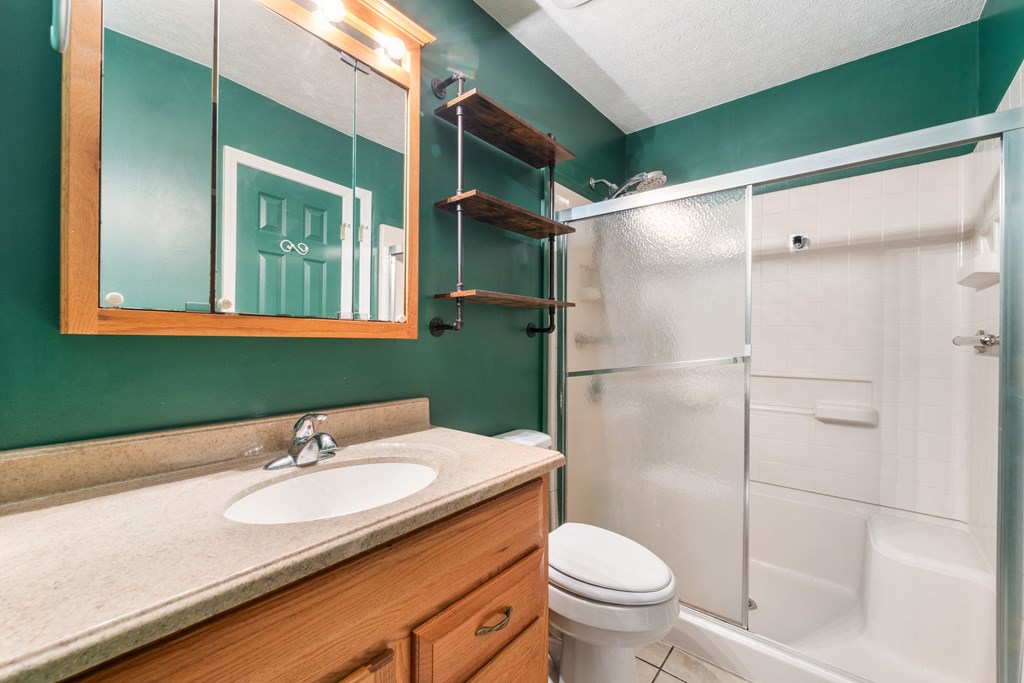 a bathroom with a sink toilet and shower