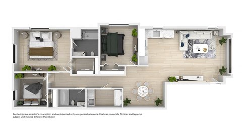 A floor plan of a house with a living room, kitchen, dining room, and bedrooms.