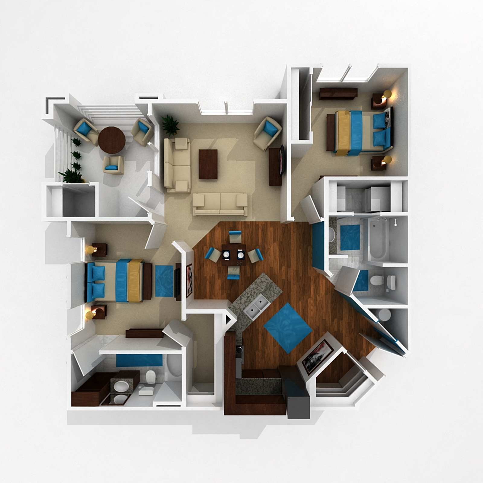 3d floor plan of a 259 sq ft apartment