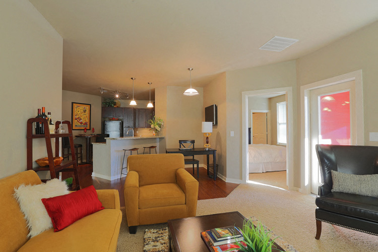 a living room with a couch and a chair