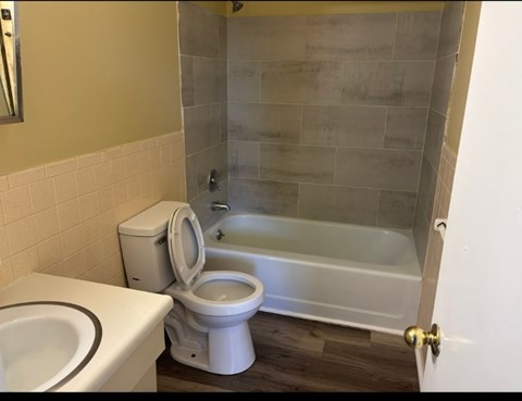 A white toilet sits next to a bathtub in a bathroom.