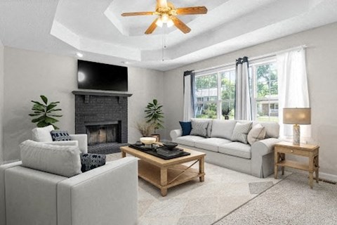 a living room with two couches and a fireplace