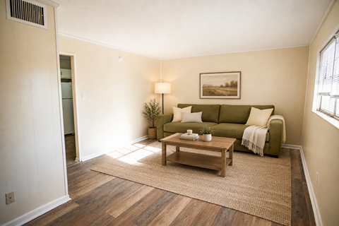 A living room with a green couch and a wooden floor.