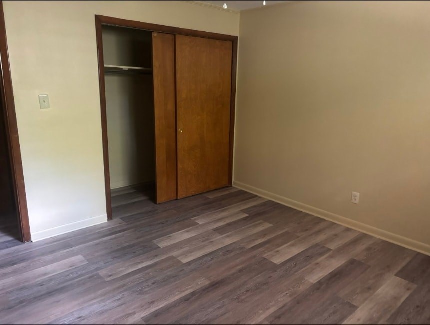 A room with a wooden floor and a wall-mounted closet.