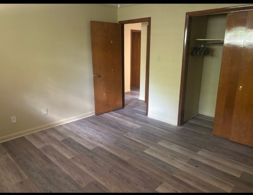 A room with a wooden floor and two wooden doors.