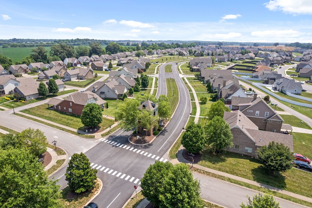 an aerial view of a neighborhood with houses and trees