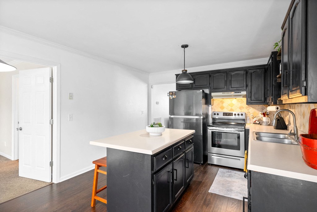 a kitchen with black cabinets and stainless steel appliances