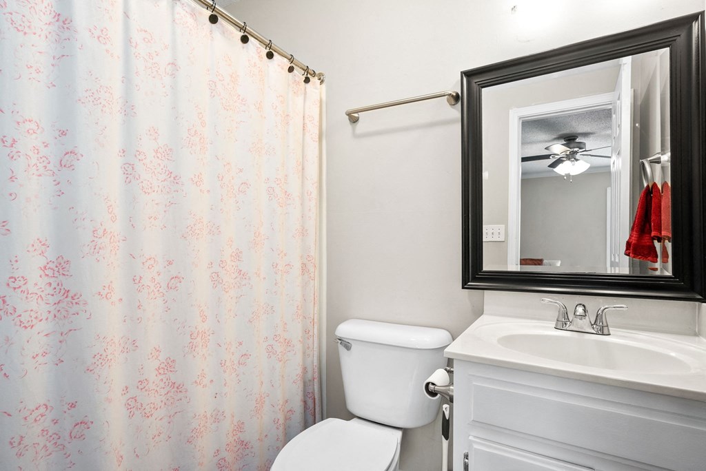 a bathroom with a shower curtain and a toilet and a sink