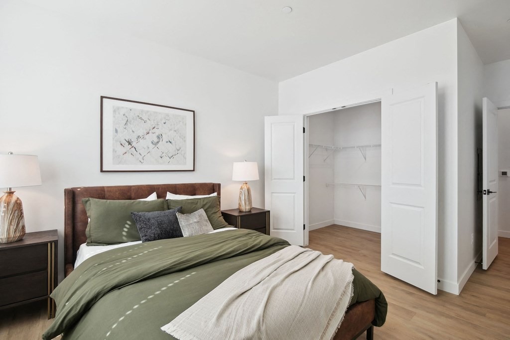a bedroom with a bed and a closet