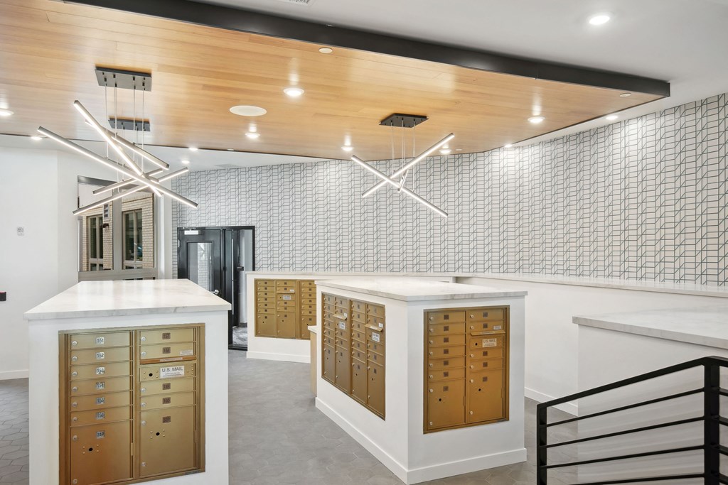 a jewelry store with white counters and wooden ceilings and white and gray tiles