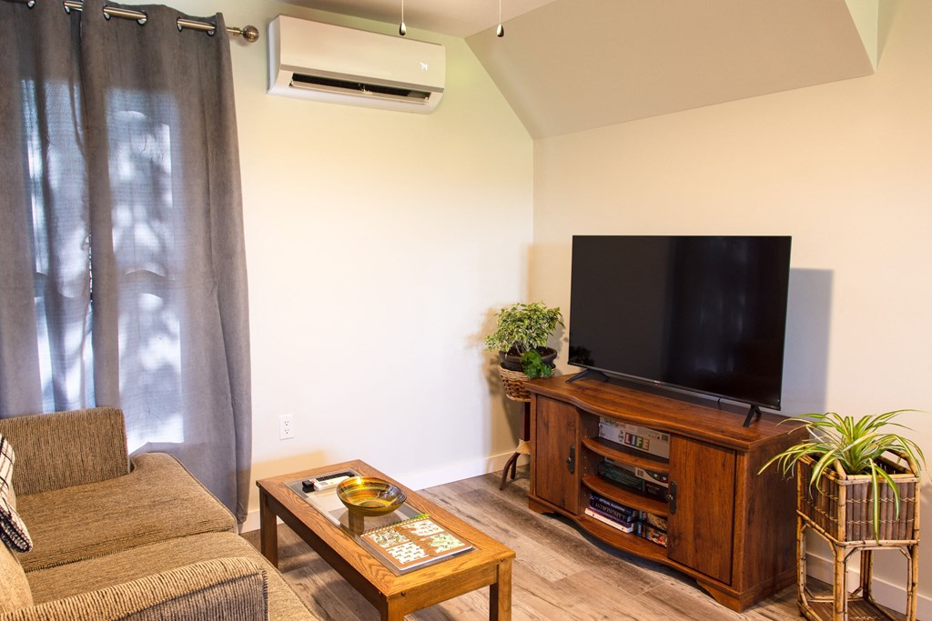 a living room with a couch and a television