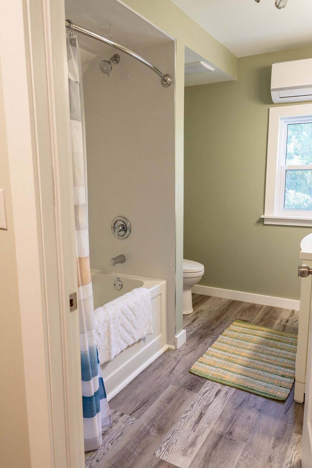 a bathroom with a shower and a toilet and a rug