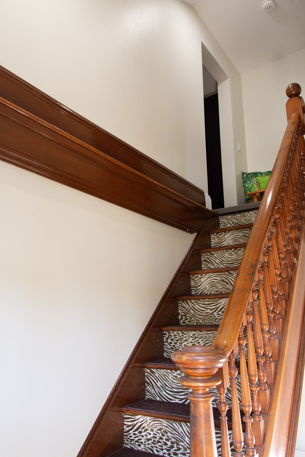 a stairway with zebra print carpet on the stairs and a white wall