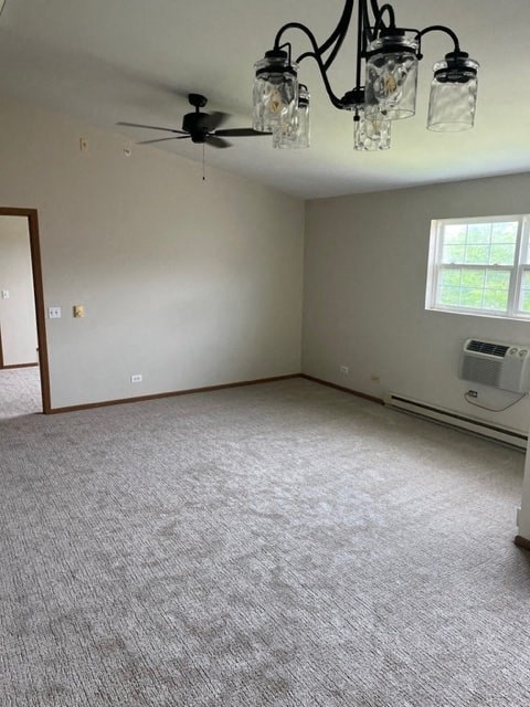 an empty living room with a ceiling fan