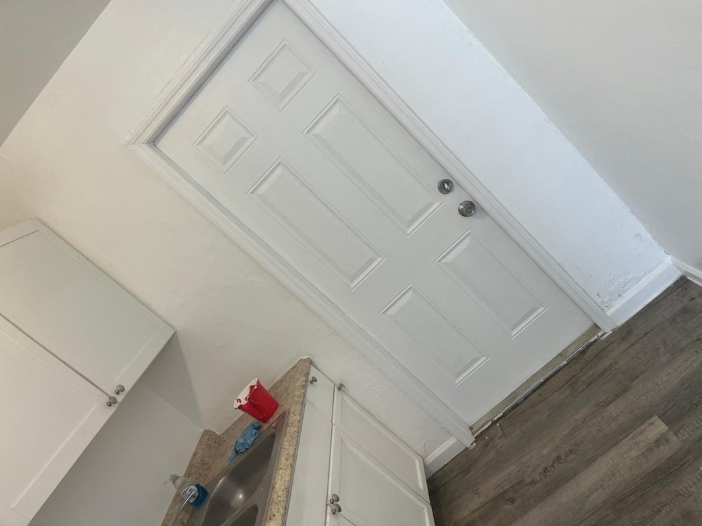 A white door with a small red and blue object on the counter.
