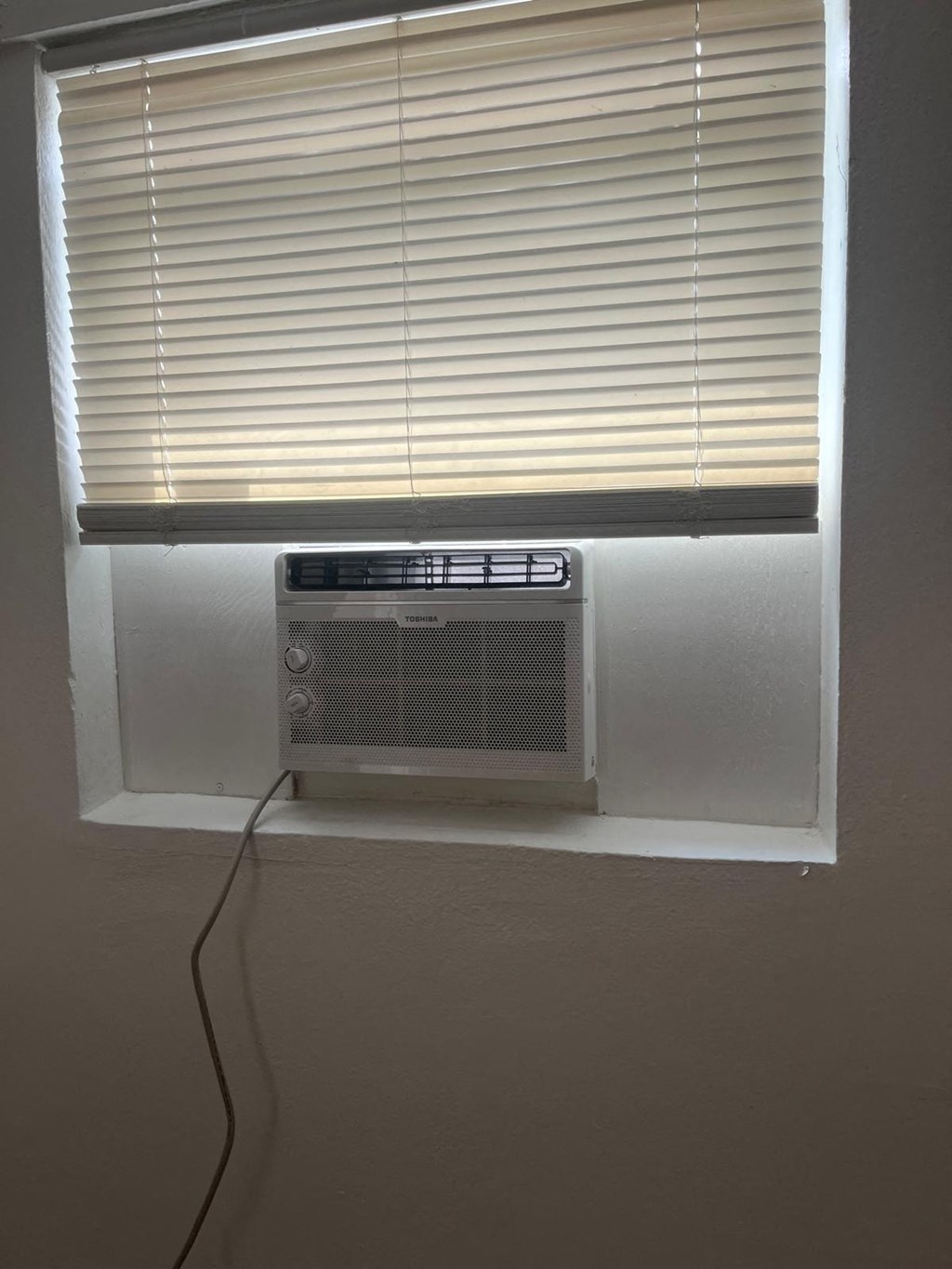 A window with blinds and a window air conditioner.