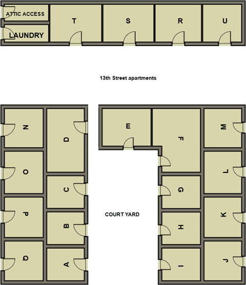 A diagram of apartment layout with laundry area and court yard.