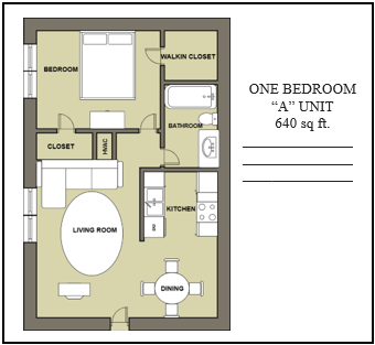 A floor plan of a one bedroom apartment.
