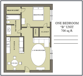 A floor plan of a one bedroom apartment is shown.