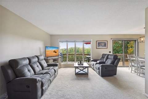 a living room with a couch and a chair and a television