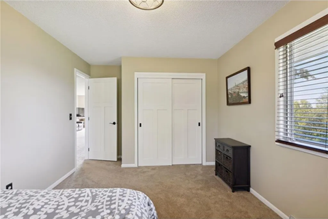 a bedroom with a bed and a closet