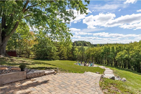 a backyard with a brick patio and a tree