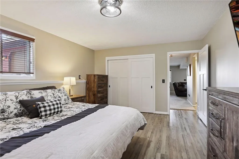 a bedroom with a bed and a closet