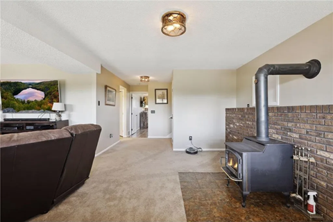 a living room with a fireplace and a couch