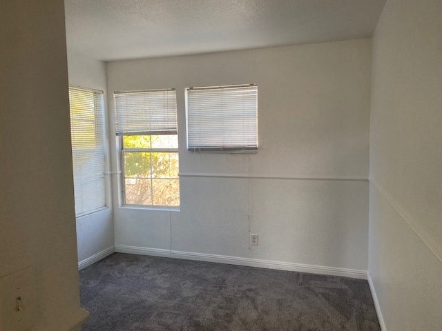 an empty room with two windows and a carpet