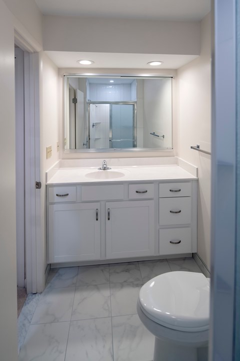 A white bathroom with a toilet, sink, and mirror.