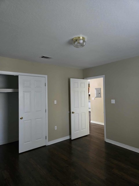A room with two white doors and a light on the ceiling.