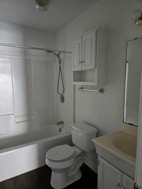 A white toilet sits next to a bathtub in a bathroom.