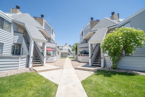 a row of white houses with stairs and a tree in the yard