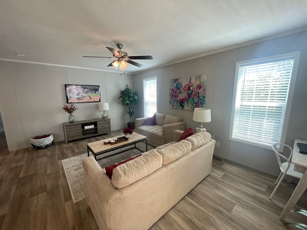 a living room with a couch and a ceiling fan