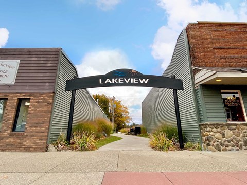 a view of the entrance to a building with a sign that reads lakeview