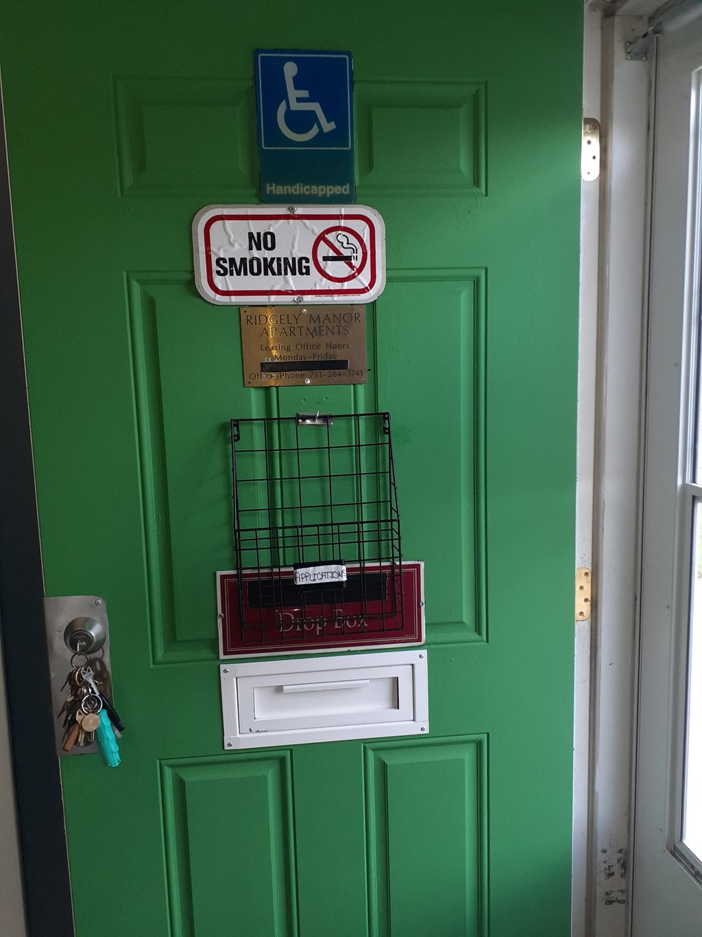a green door with a no smoking sign and a basket on the front of it