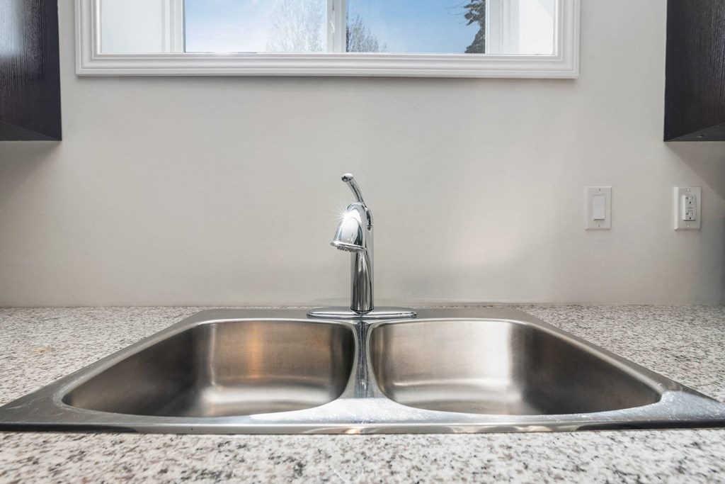 a sink in a kitchen with a window above it