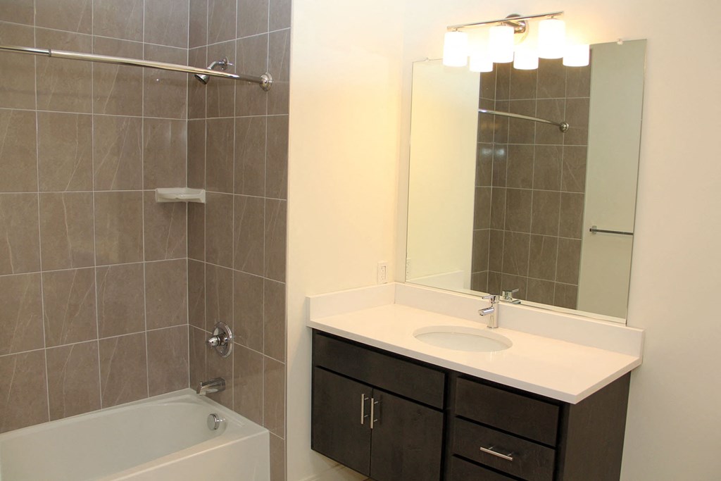 a bathroom with a sink and a shower and a mirror