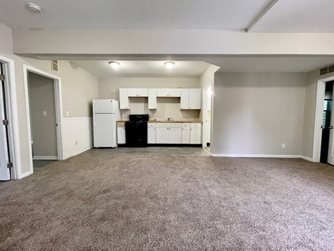 A spacious room with a kitchenette and carpeted floor.