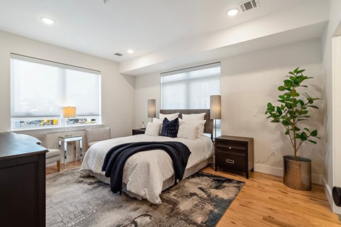 A bedroom with a large bed and a plant.