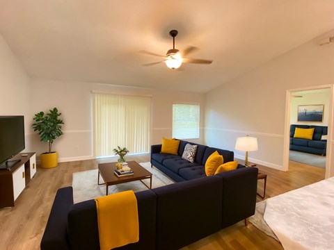 A living room with a dark blue couch and a yellow throw blanket.