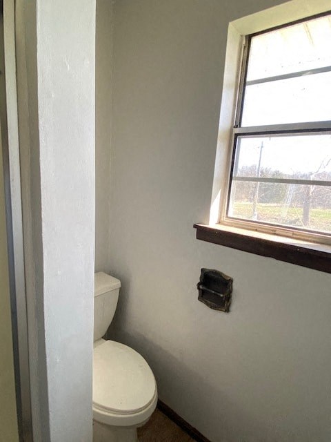 A white toilet sits next to a window in a bathroom.