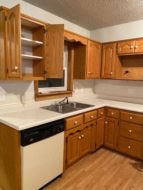 A kitchen with wooden cabinets and a white countertop.