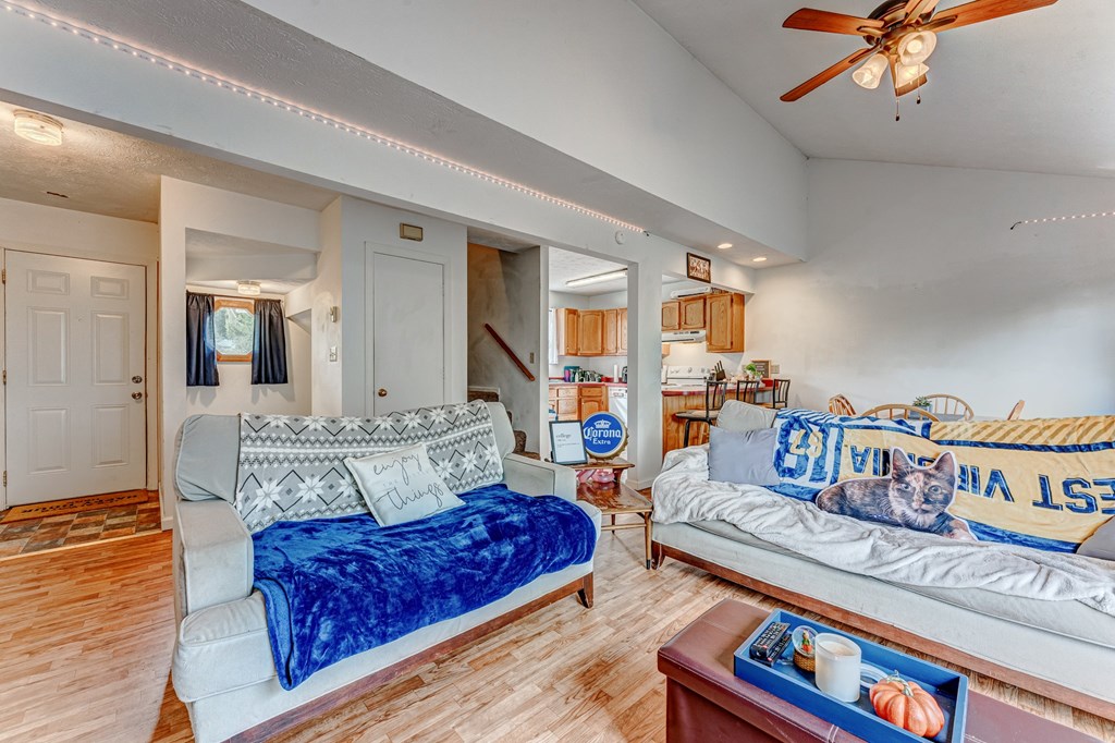 A living room with a blue couch and a white couch.