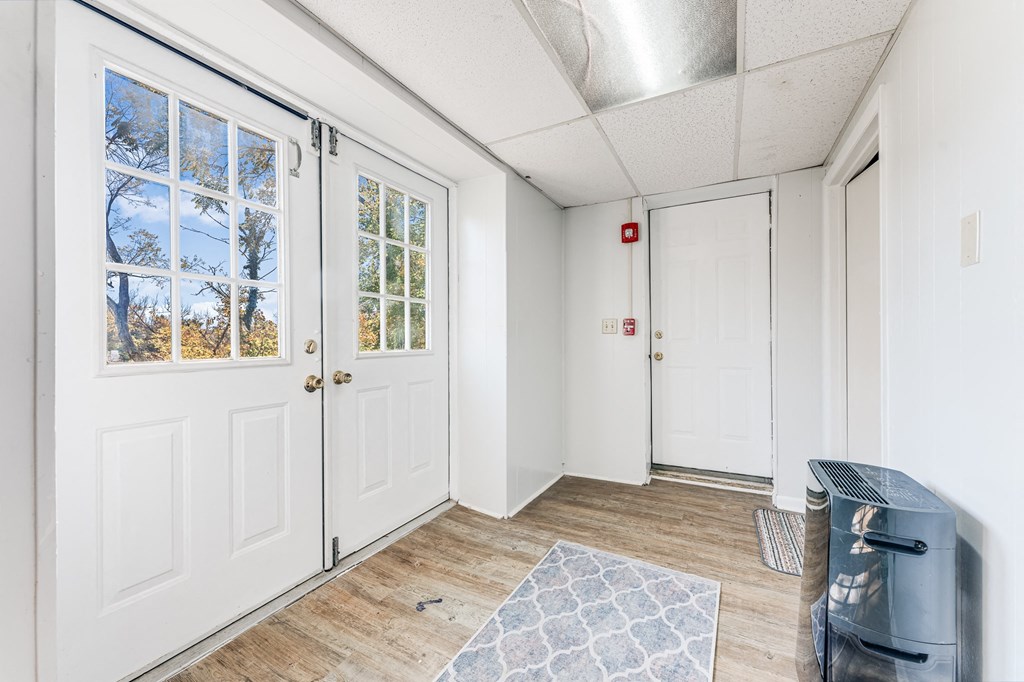 A room with a white door, a window with a view of trees, and a rug on the floor.