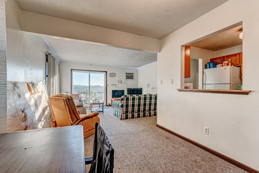 A living room with a couch, chair, and a television.