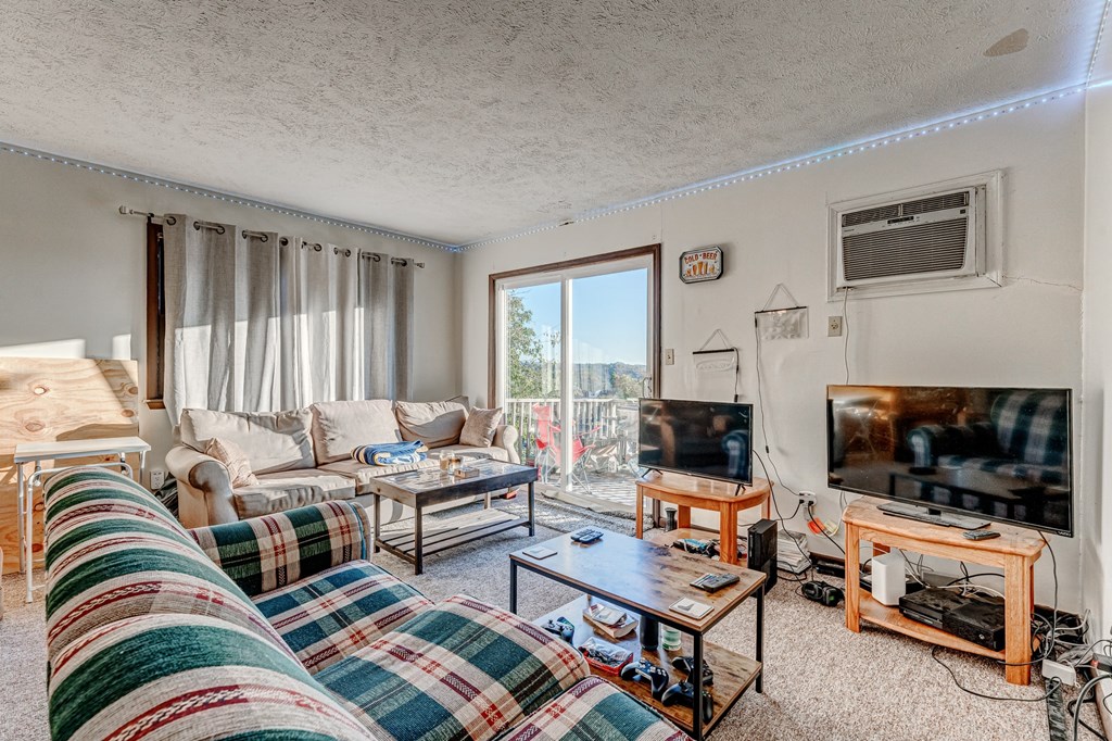 A living room with a patterned sofa and a flat screen TV.